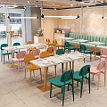 Dessert Shop Interior Design With Green Banquette Colorful Chairs And White Marble Tables