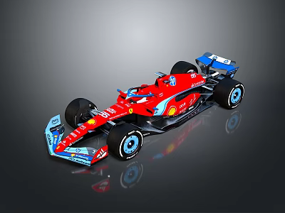 Red Formula 1 Race Car With Shell Logo Blue Accents And Black Tires 3d model