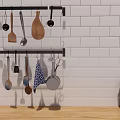 Black Wall Mounted Kitchen Rack With Glass Jars And Hanging Utensils On White Brick Wall