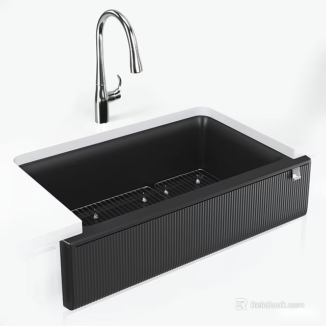 Modern Black Deep Sink With Metal Faucet And Drain Rack Design 3d model 