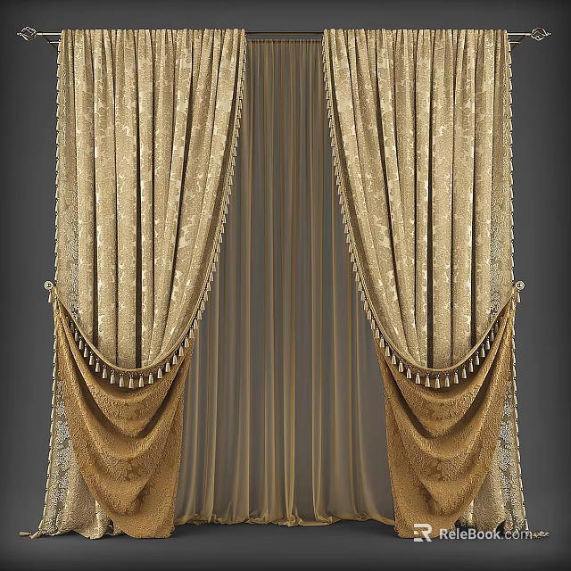Elegant Golden Curtains With Tassel Trim And Luxurious Draped Design 3d model 