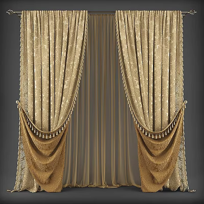 Elegant Golden Curtains With Tassel Trim And Luxurious Draped Design 3d model