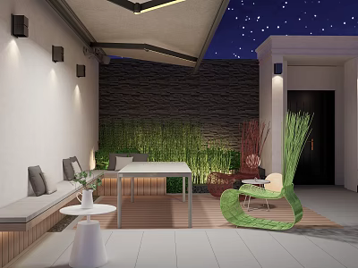 Cozy Courtyard Garden With White Bench Wooden Flooring Green Plants Stone Wall And Starry Ceiling 3d model