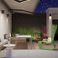 Cozy Courtyard Garden With White Bench Wooden Flooring Green Plants Stone Wall And Starry Ceiling
