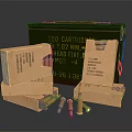 Military 7.62 MM Head Fire Ammunition Box With 200 Cartridges And Cardboard Boxes Scattered Bullets