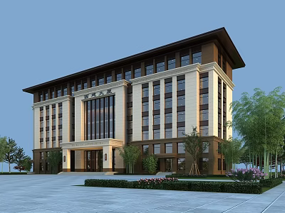 Modern Office Building Exterior With Stone Facade Large Windows And Landscaped Garden Area 3d model