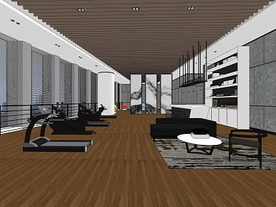 Modern Fitness Gym Interior With Workout Equipment Sofa Coffee Table Relaxation Area And Wooden Flooring 3d model