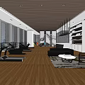 Modern Fitness Gym Interior With Workout Equipment Sofa Coffee Table Relaxation Area And Wooden Flooring