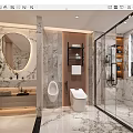 Modern Luxury Bathroom With Marble Walls Backlit Mirror And Glass Shower Enclosure