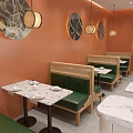 Bright Modern Japanese Restaurant Interior With Terrazzo Tables Rattan Chairs And Comfortable Green Booths