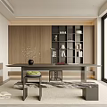 Modern Study Room With Desk Bookshelf Large Window And Natural View 3d model