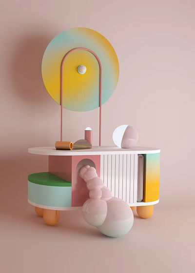 Modern Entryway Console Table And Side Cabinet With Pastel Hues Layered Structure And Decorative Accents 3d model