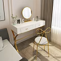 White Dressing Table with Gold Legs Round Mirror Gold Chair and Cosmetics Plant