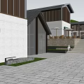 Modern Traditional Homestay Building With Wooden Structure Courtyard Greenery And Stone Pathway
