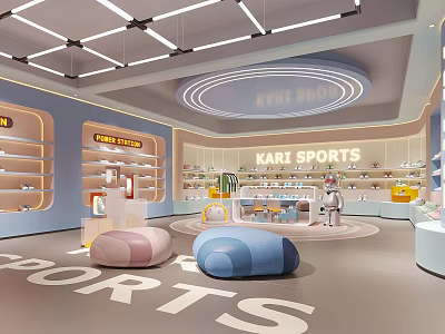 KARI SPORTS Store Interior With Display Shelves Merchandise And Large SPORTS Floor Letters 3d model