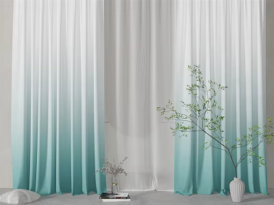 Gradient Blue Green Sheer Curtains With Potted Plant And Decorative Vase 3d model