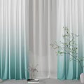 Gradient Blue Green Sheer Curtains With Potted Plant And Decorative Vase