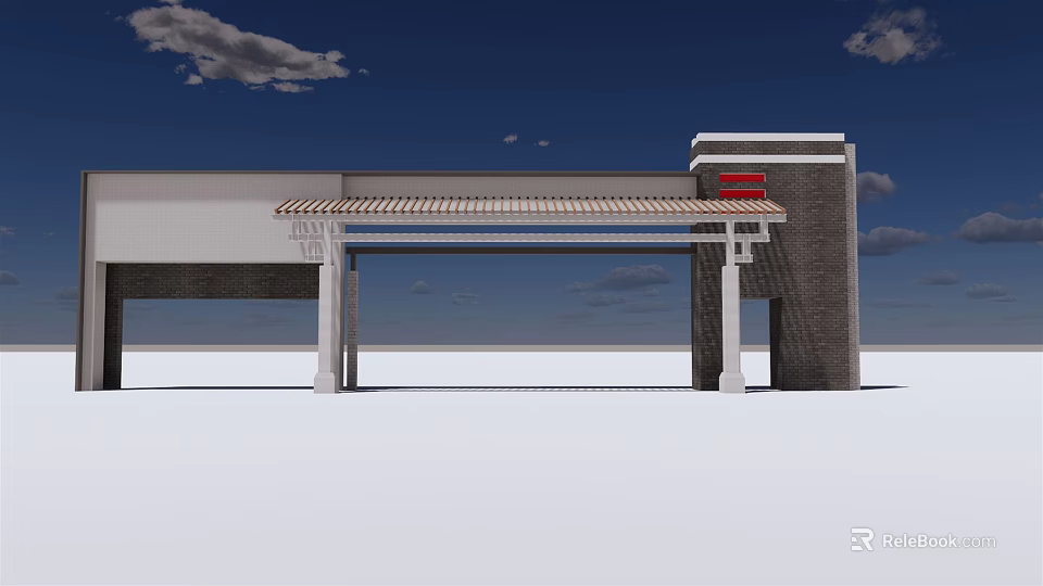 Modern Entrance Gate Design With Portico Awning Columns Red Sign And Brick Wall 3d model 