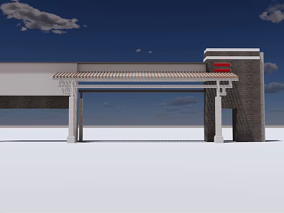 Modern Entrance Gate Design With Portico Awning Columns Red Sign And Brick Wall 3d model