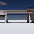 Modern Entrance Gate Design With Portico Awning Columns Red Sign And Brick Wall