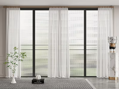 White Sheer Curtains Decorating Large Black Framed Glass Windows Modern Interior With Plants And Rug 3d model