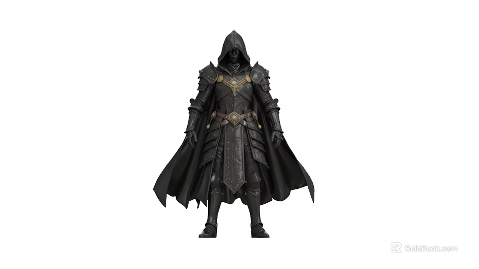 Game and Movie Character In Black Hooded Cloak With Ornate Armor Design 3d model 