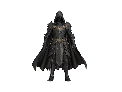 Game and Movie Character In Black Hooded Cloak With Ornate Armor Design 3d model