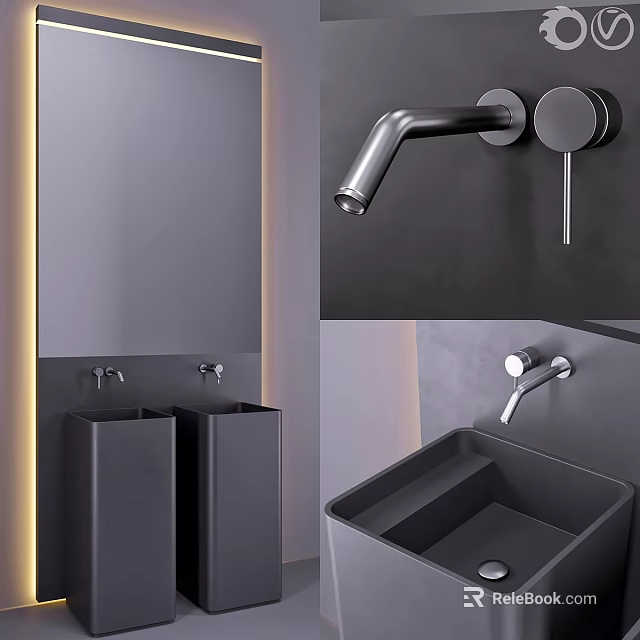 Modern Bathroom Washbasin With Wall Mounted Faucet And Double Rectangular Sinks 3d model 