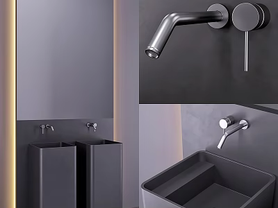 Modern Bathroom Washbasin With Wall Mounted Faucet And Double Rectangular Sinks 3d model