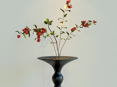 Black Vase with Red Berries and Green Leaves on Light Background 3d model