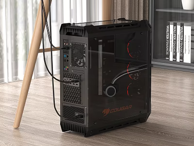 Black COUGAR Gaming PC Case with Transparent Side Panel and Red Fans on Wooden Floor 3d model