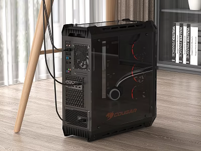 Black COUGAR Gaming PC Case with Transparent Side Panel and Red Fans on Wooden Floor 3d model