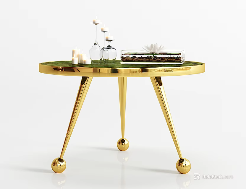 Elegant Modern Round Coffee Table With Gold Spherical Legs Green Tabletop And Decorative Items 3d model 