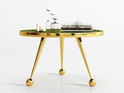 Elegant Modern Round Coffee Table With Gold Spherical Legs Green Tabletop And Decorative Items 3d model