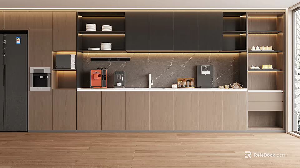 Modern Tea Room Interior With Cabinets Coffee Machine And Storage Shelves 3d model 