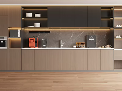 Modern Tea Room Interior With Cabinets Coffee Machine And Storage Shelves 3d model