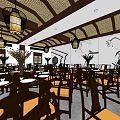 Traditional Chinese Banquet Hall with Decorative Ceiling Pendant Lights and Wooden Tables