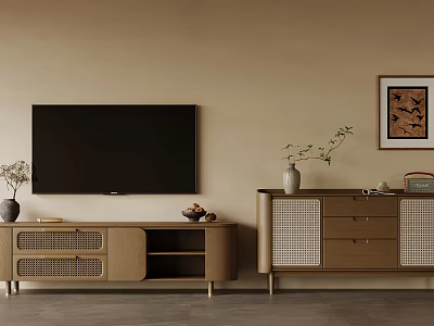 Modern Wooden TV Stand With Woven Doors Drawers And Decorative Vases Near Flat Screen TV 3d model