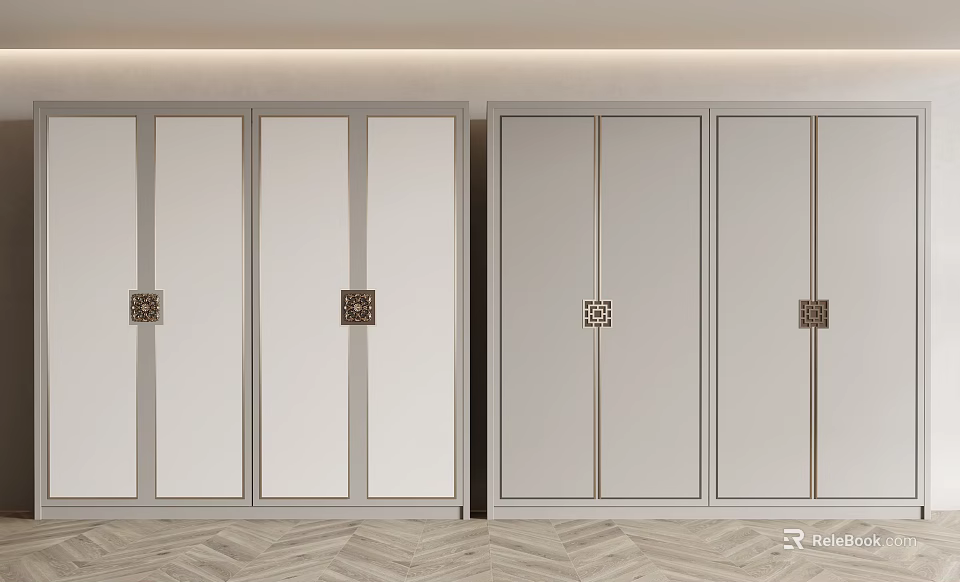 Modern Light Gray Wardrobe With Sliding Doors And Decorative Metal Accents 3d model 