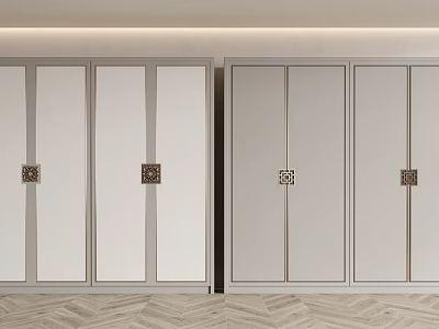 Modern Light Gray Wardrobe With Sliding Doors And Decorative Metal Accents 3d model