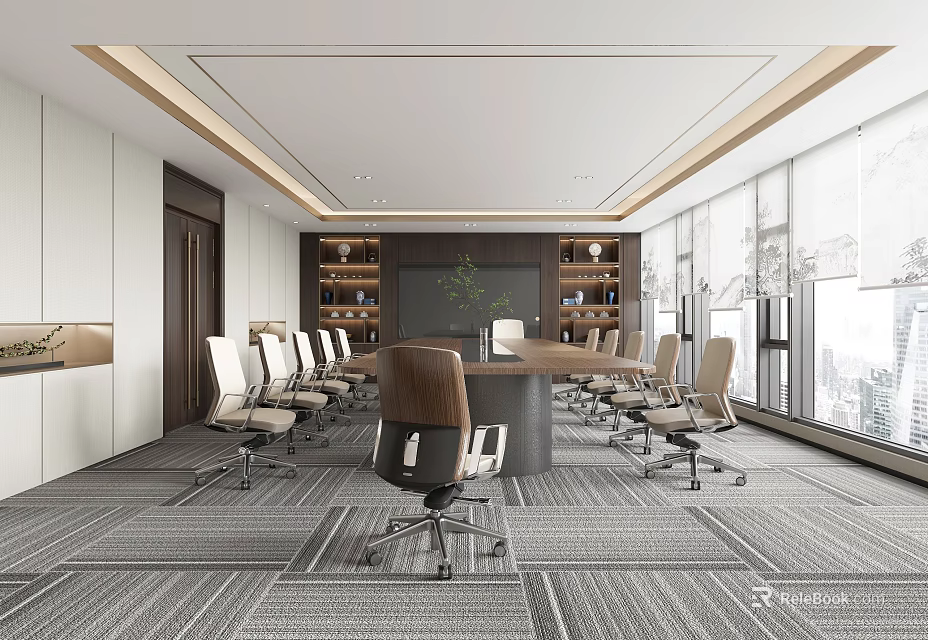Modern Spacious Conference Room With Long Table Multiple Chairs And City View Windows 3d model 