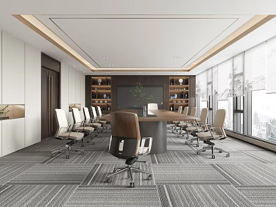 Modern Spacious Conference Room With Long Table Multiple Chairs And City View Windows 3d model