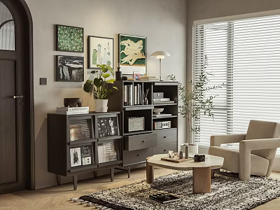Modern Living Room Interior With Decorative Cabinet Books Photo Frames Potted Plant Armchair And Blinds 3d model
