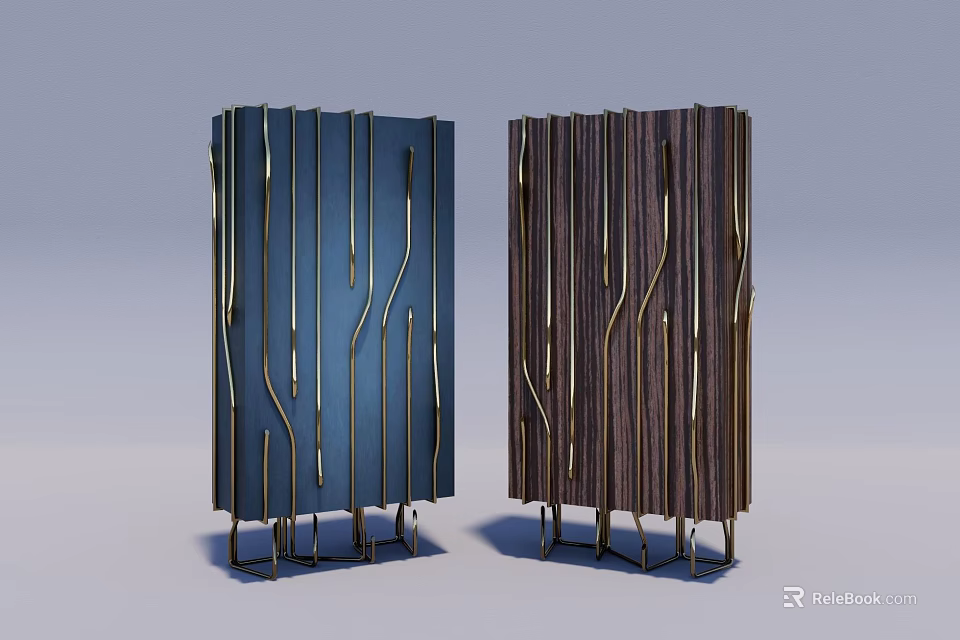 Modern Stylish Wardrobes With Vertical Striped Panels Metal Support Frames And Blue Brown Finishes 3d model 