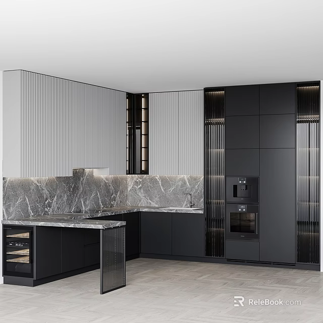 Modern Kitchen Interior Featuring Black Cabinets And Marble Countertop Design 3d model