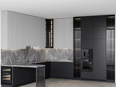 Modern Kitchen Interior Featuring Black Cabinets And Marble Countertop Design 3d model