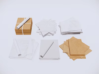 Various Paper Products Including White Brown Sheets And Rolled Stacked Paper 3d model