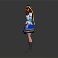 Game Movie Character With Red Hair Colorful Headdress Blue White Dress And Gray Boots