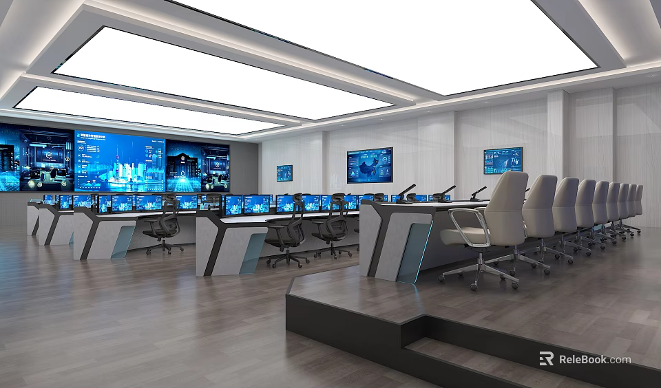 Modern Office Interior With Control Desks Multiple Monitors Wall Screens And Ergonomic Chairs 3d model