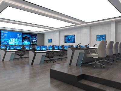 Modern Office Interior With Control Desks Multiple Monitors Wall Screens And Ergonomic Chairs 3d model